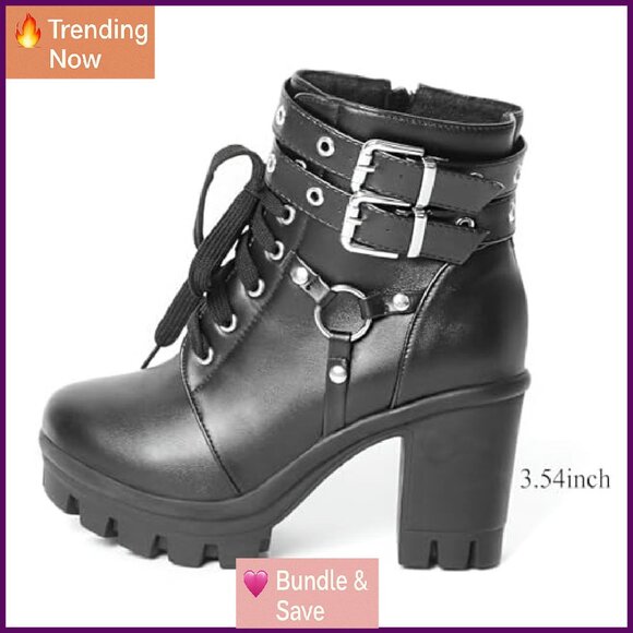Chunky Platform Combat Boots with Buckle Zipper Rivets 3.5 Inch Heel - Picture 7 of 8
